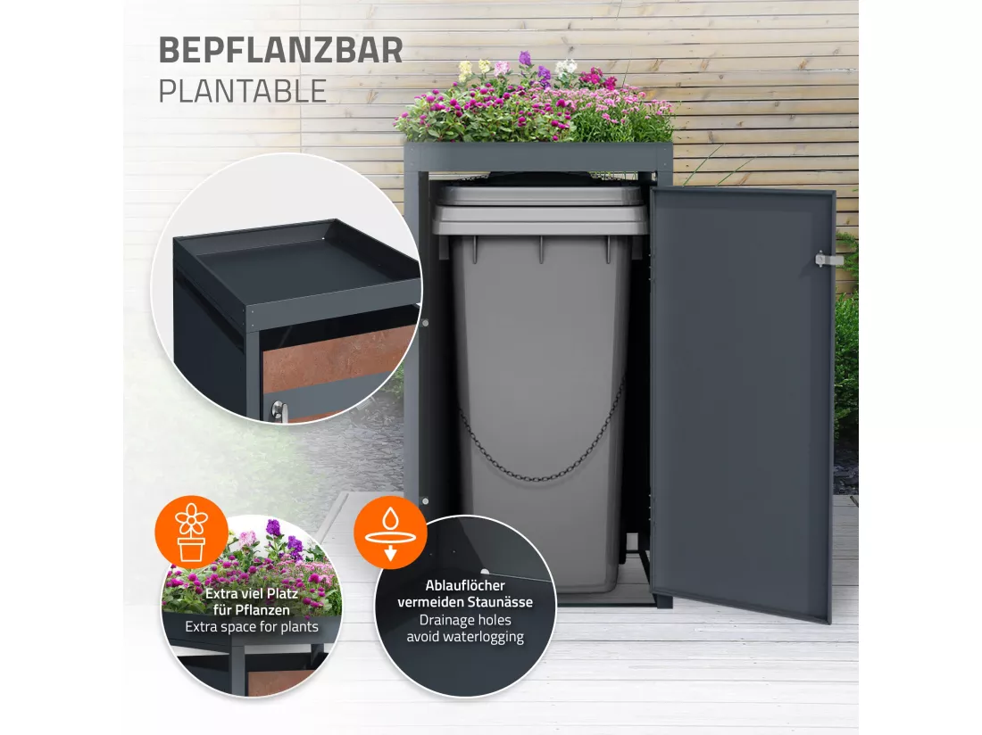 Abri de 1 poubelle avec toit végétal acier anthracite rouillé 240L 68x80x124 cm