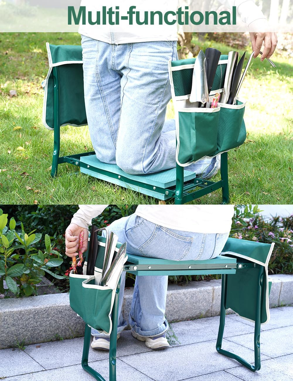 (61x50cm) Garten Bank Klappbarer Gartenarbeit Outdoor Hocker Kniebank mit Werkzeug Organizer Tasche - Grün