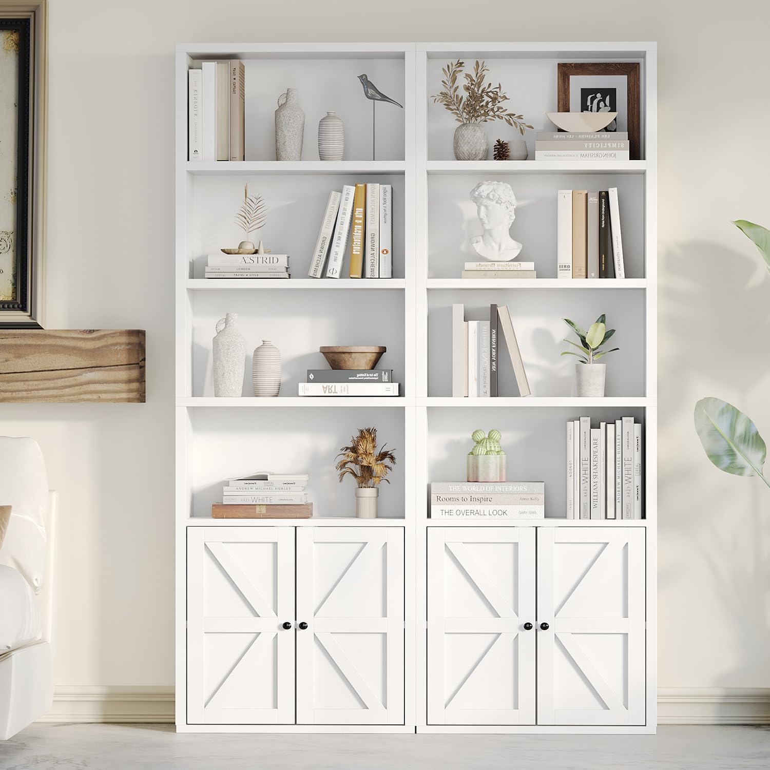 oneinmil Bücherregal, Bücherregal Weiß mit 2 Türen aus Holz, Bücherschrank Hoch mit 6 Ebenen, Küchenschrank, Standregal, für Wohnzimmer, Schlafzimmer, Büro, Arbeitszimmer, 2 Pack