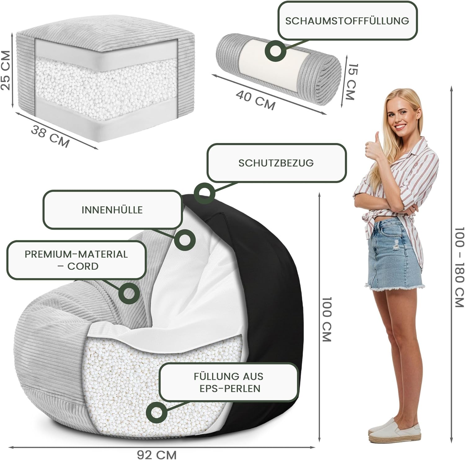 DreamRoots Sitzsack Erwachsene Cord oder Kinder - Bean Bag Sofa - Sitzsack Cord mit Hocker und Bezug - Sitzsäcke mit Füllung 90x90x100 cm Cool Gray