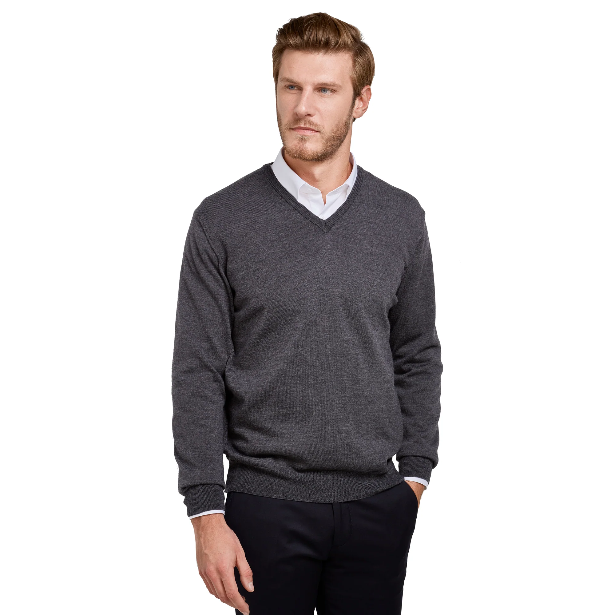 Pull col v 100% pure laine Mérinos gris anthracite