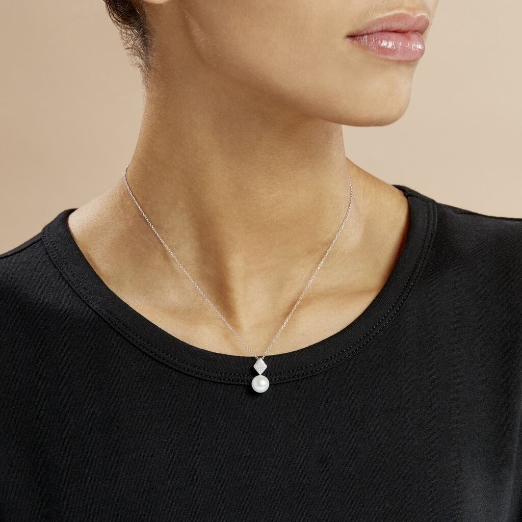 Collier Shirine Argent Blanc Perle De Culture Et Oxyde De Zirconium