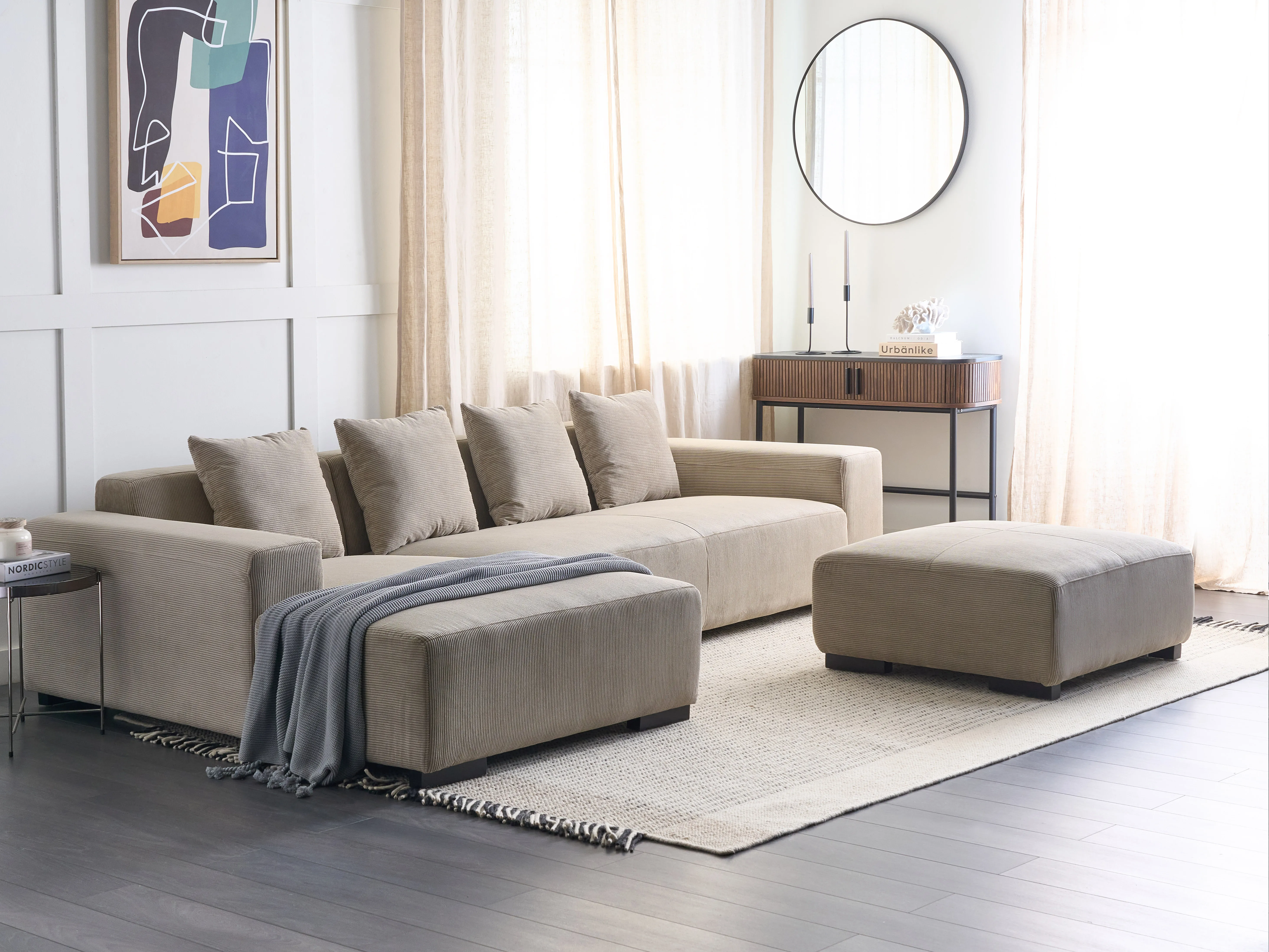 Hoekbank 4-zits LUNGO Corduroy Beige met ottomaan rechtszijdig