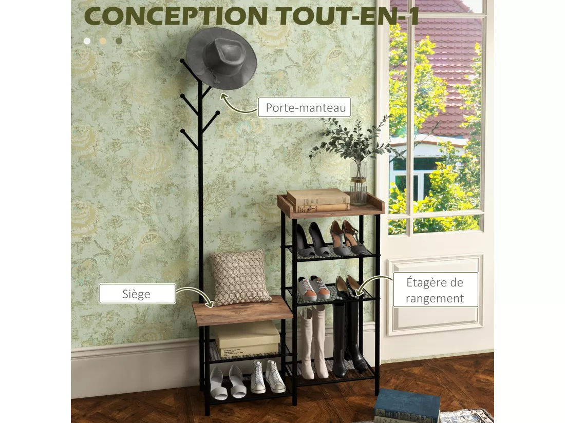 Vestiaire d'entrée banc porte-manteaux avec étagère à chaussures style industriel acier noir aspect bois