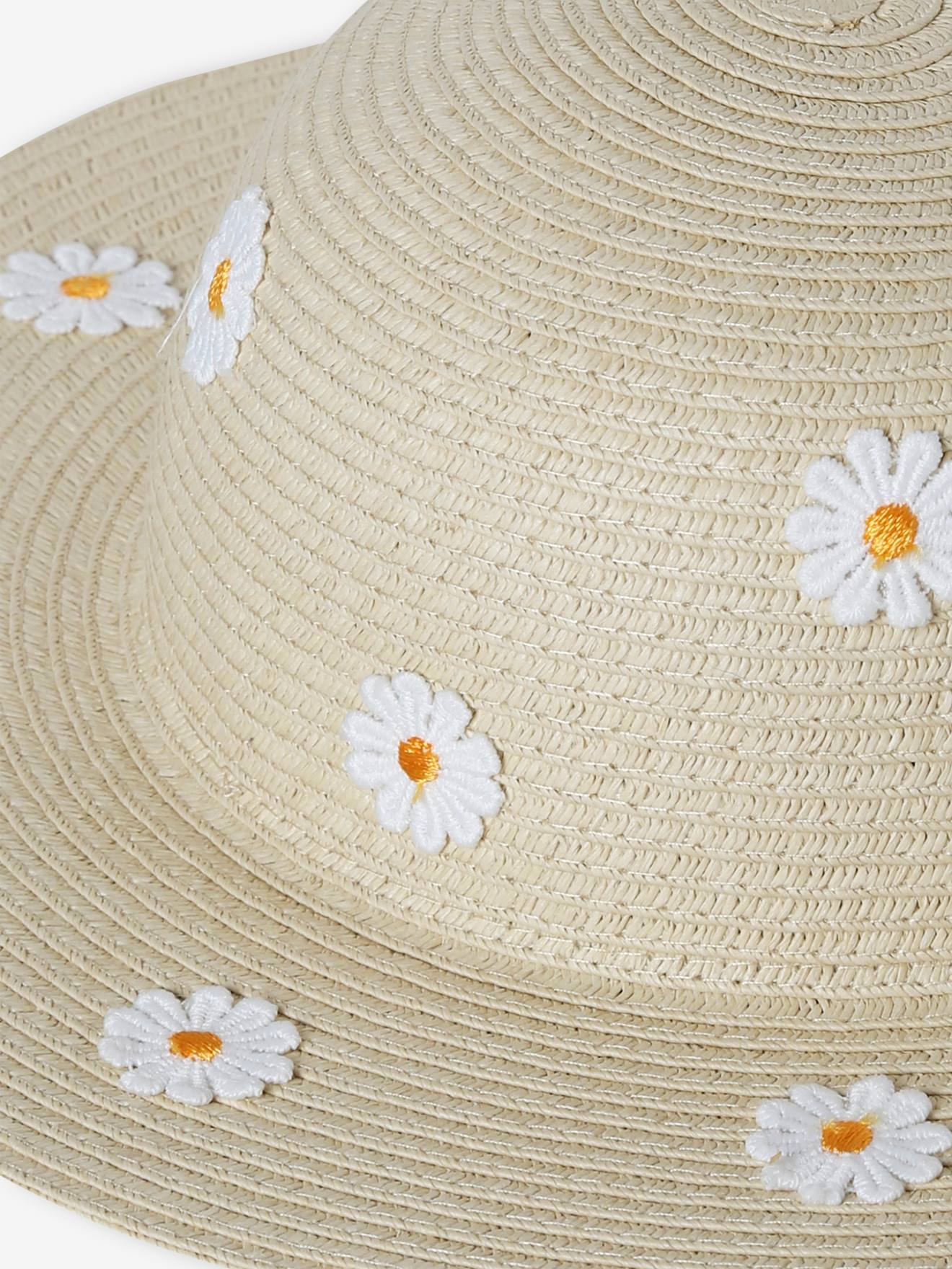 Chapéu de palha com margaridas para menina, cor areia bege.