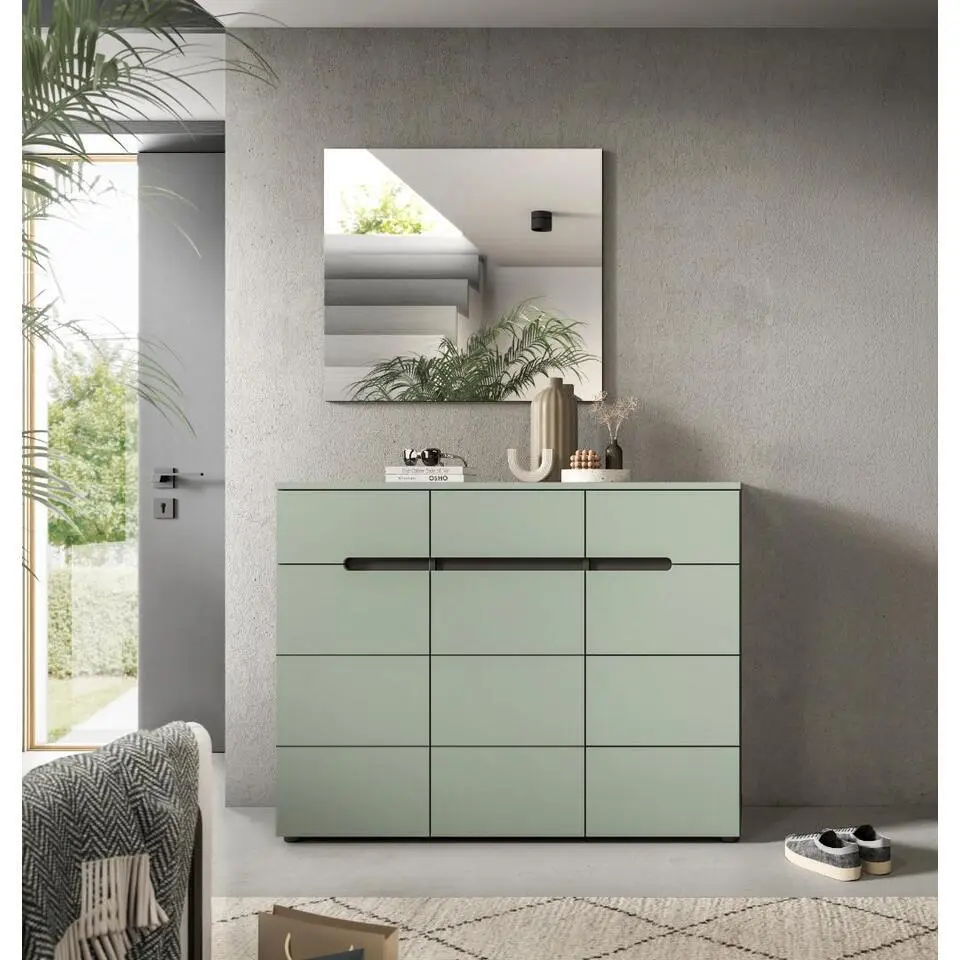 Hioshop Canu schoenenkast 3 deuren- 3 lades stofgroen- donkergrijs