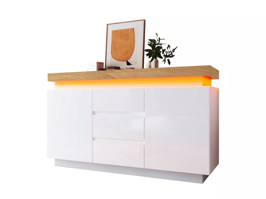 Commode avec LED - 3 tiroirs et 2 portes avec étagères réglables - Blanc