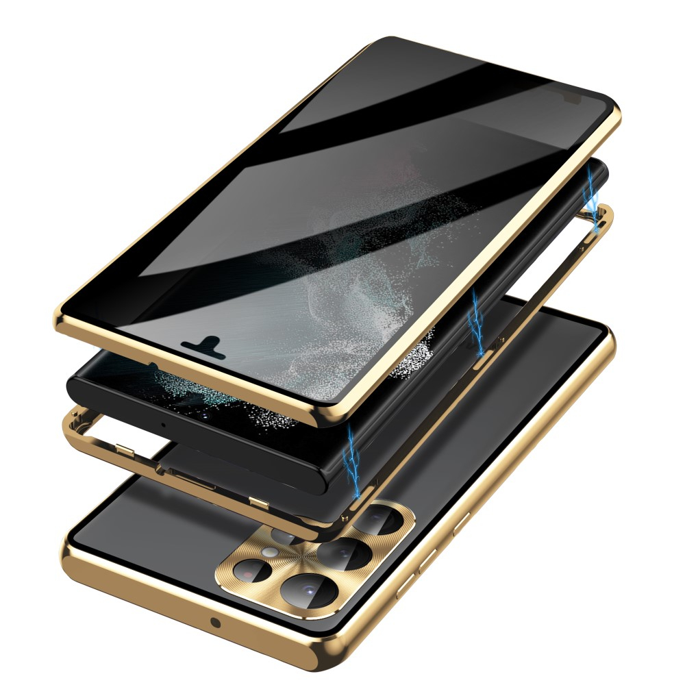 Samsung Galaxy S23 Ultra 5G Magnetische Alu Schutzhülle mit Panzer Glas Backcover   Privacy Display- / Kameraglasschutz (Verschlussmechanismus) - Gold