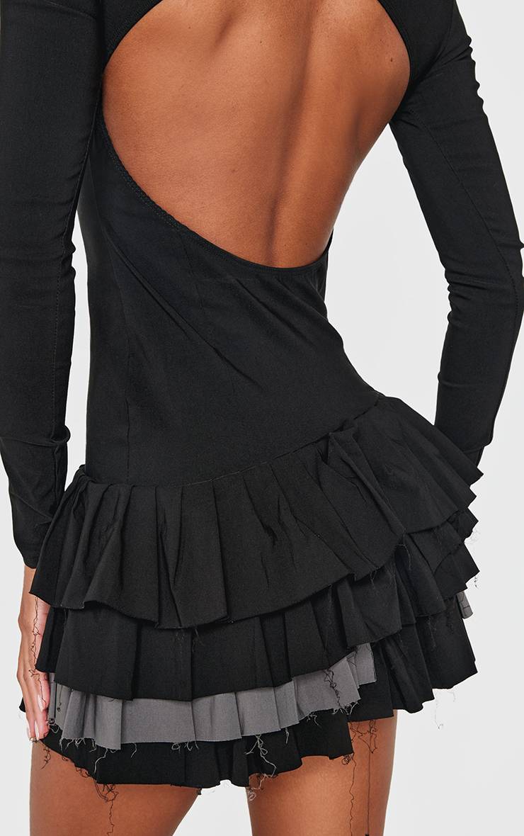 Noir Robe Droite À Manches Longues En Tissu Tissé Extensible Avec Plissage Extrême