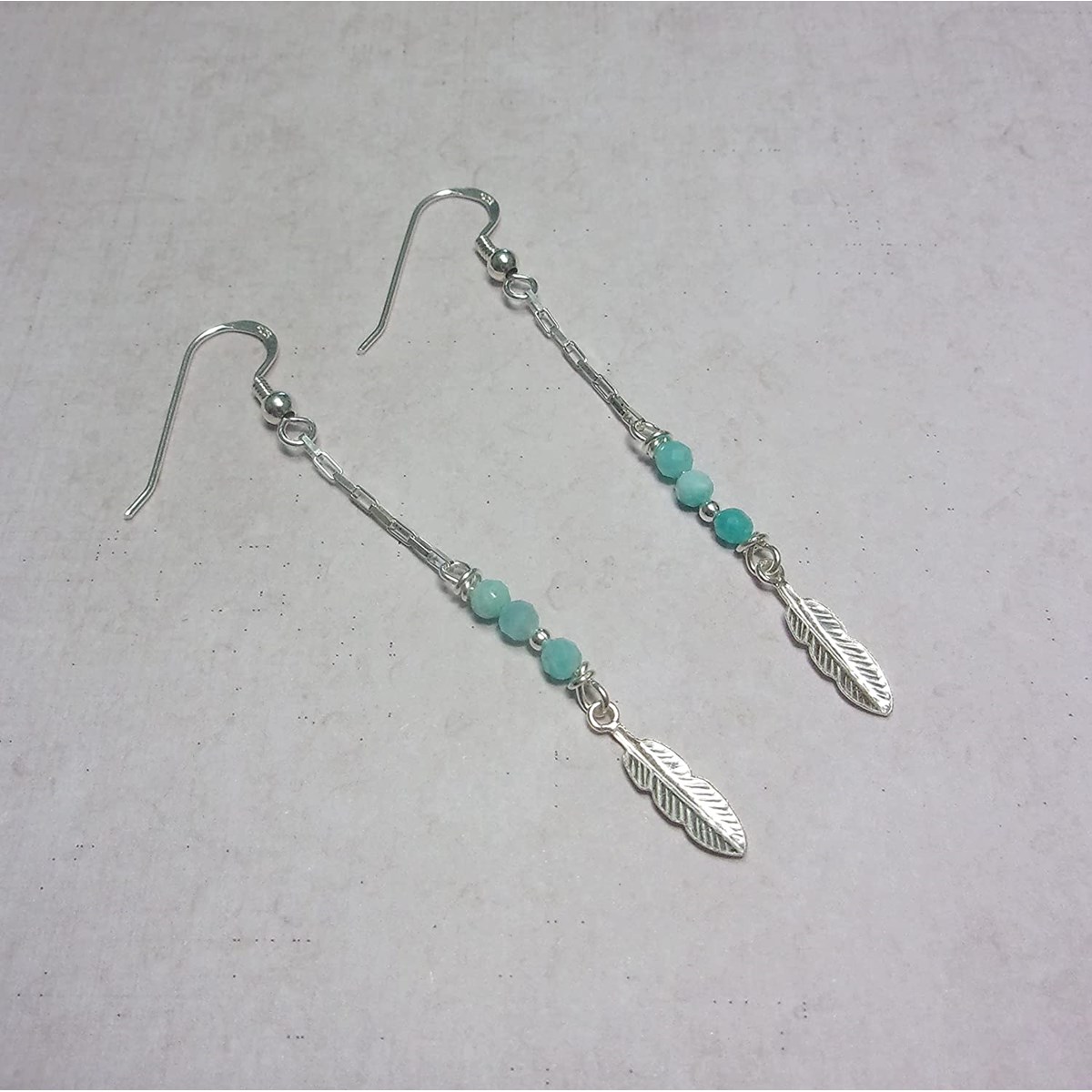 Boucles D'oreilles Plumes Argent 925 Et Amazonite