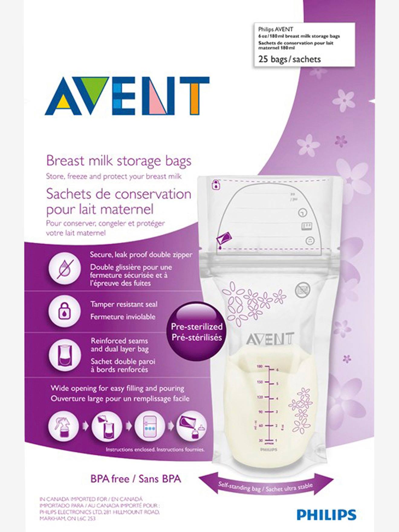Pacote com 25 sacos para armazenamento de leite materno Philips AVENT incolores