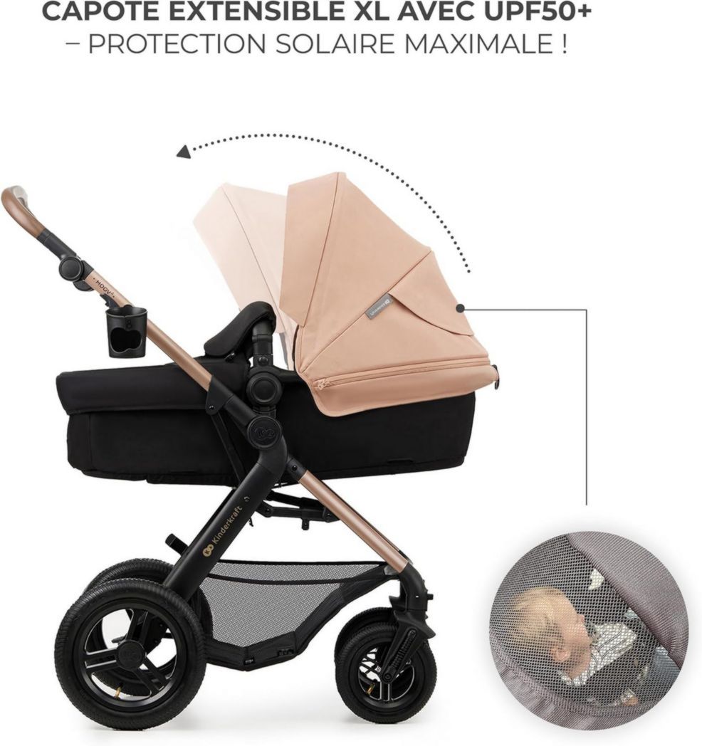 Poussette 3-en-1 Kinderkraft MOOV2, système de voyage de la naissance à 27 kg, siège auto Mink PRO I-Size inclus, pare-soleil extensible avec filtre UPF50+, accessoires pratiques, gris