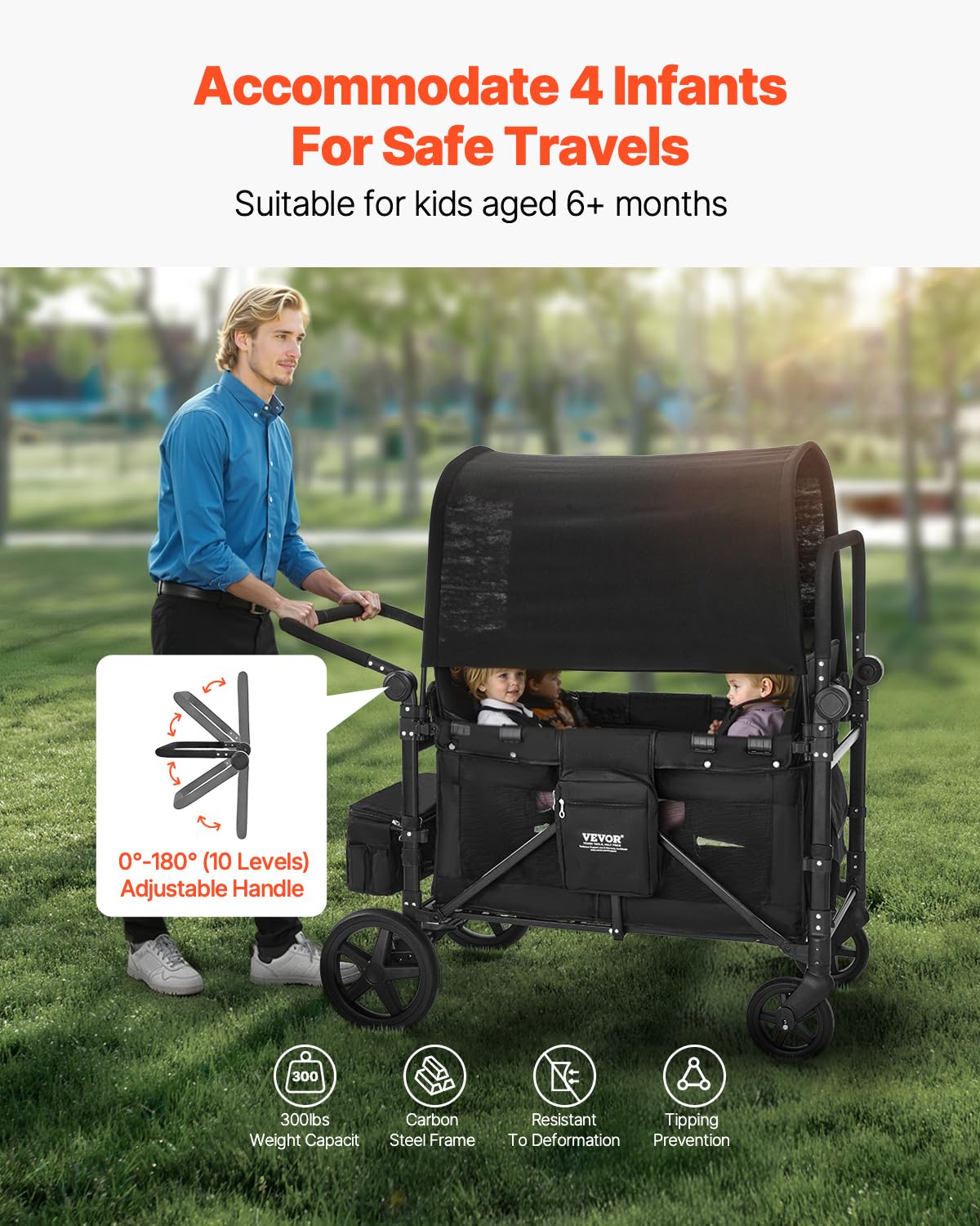 VEVOR Poussette Chariot pour 4 Enfants Pliable à Quatre Roues, Capacité de Charge 150 kg, avec Poignée Réglable, Harnais de Sécurité 5 Points, Auvent Amovible, Poussette 4 Places pour Camping, Noir