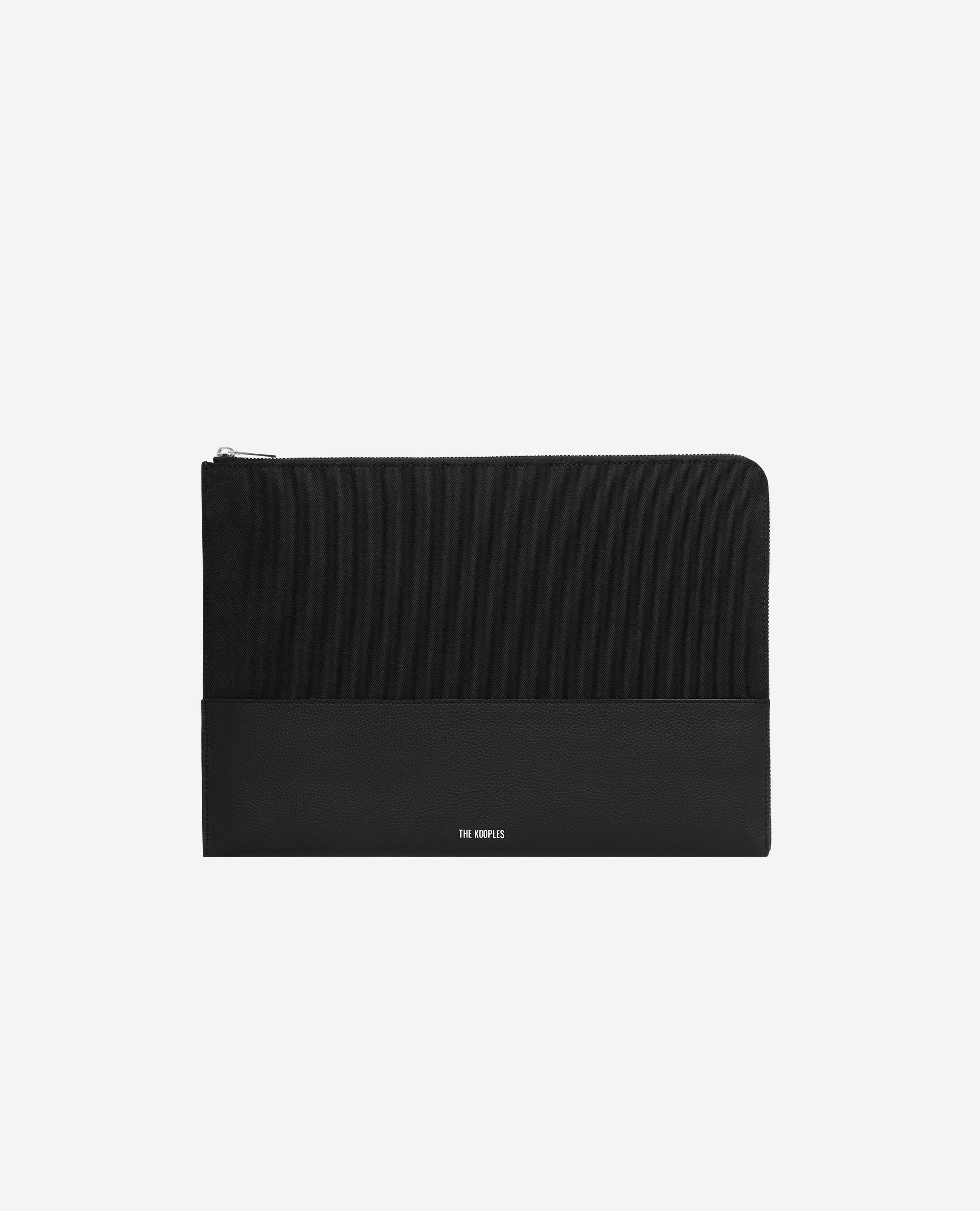 Pochette d'ordinateur en canvas et cuir grainé noir