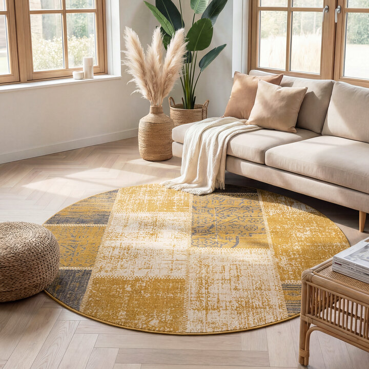 Rond patchwork vloerkleed - Spring Okergeel/Taupe | Warm