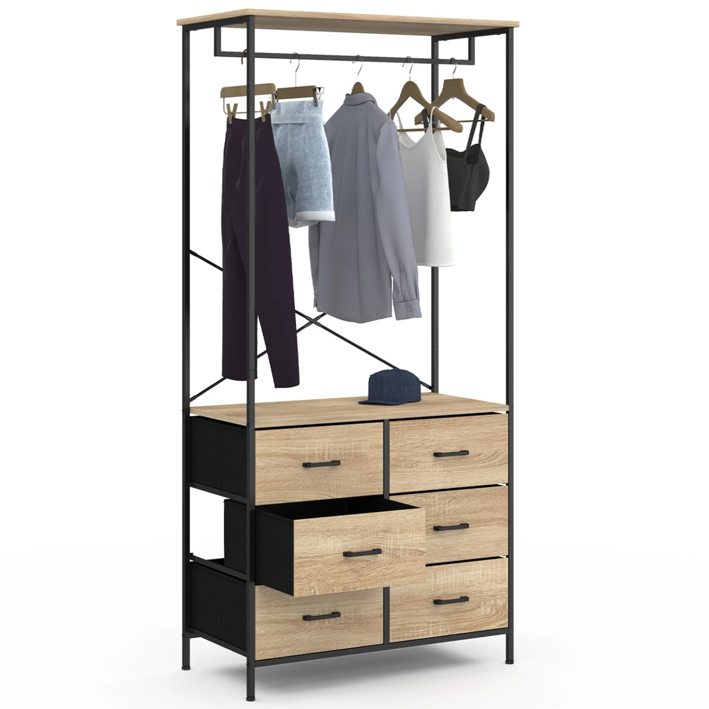 Dressing penderie L. 80 cm UTAH avec 6 bacs en tissu bois et noir
