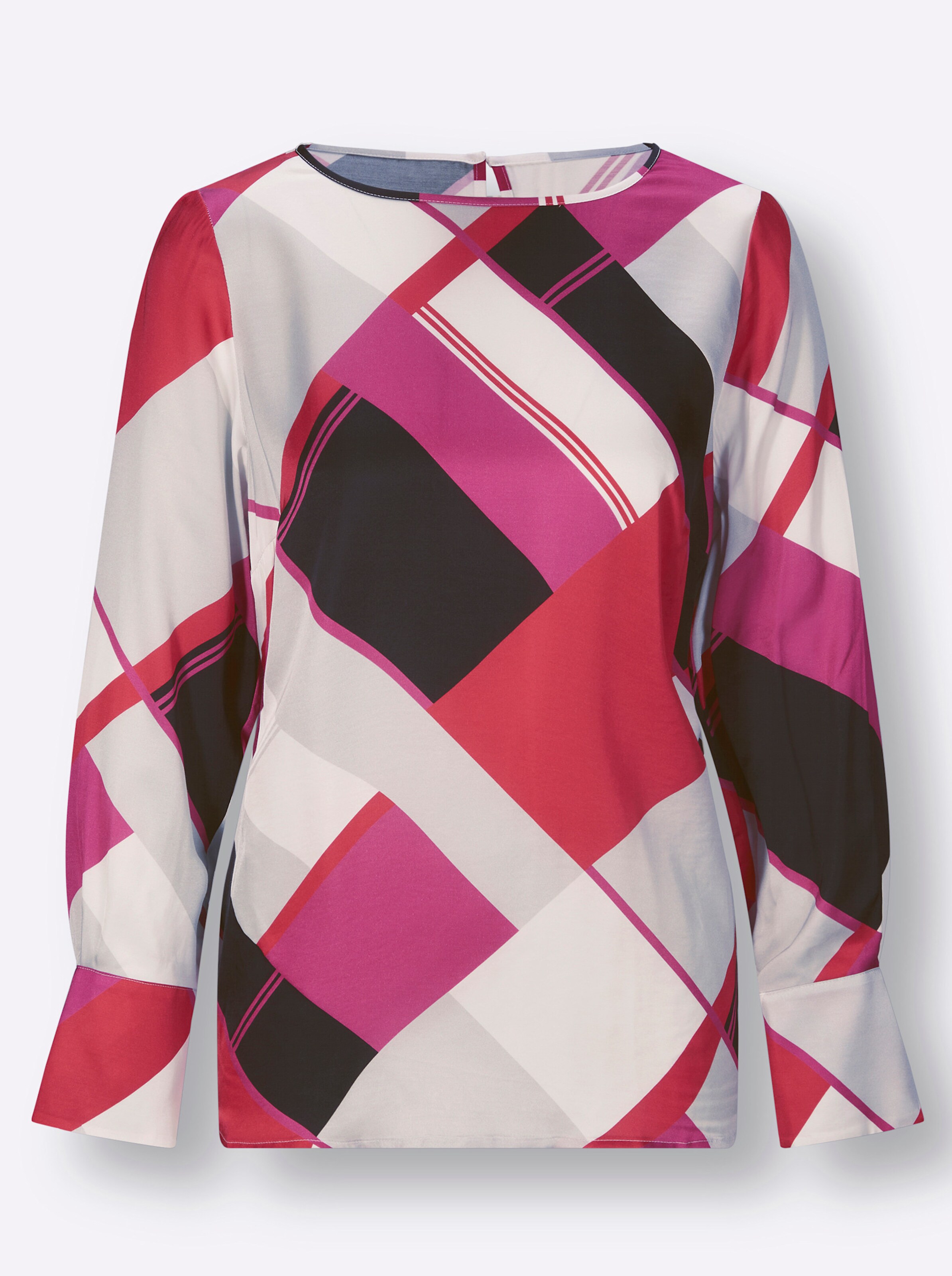 Bluse in weiß-fuchsia-bedruckt