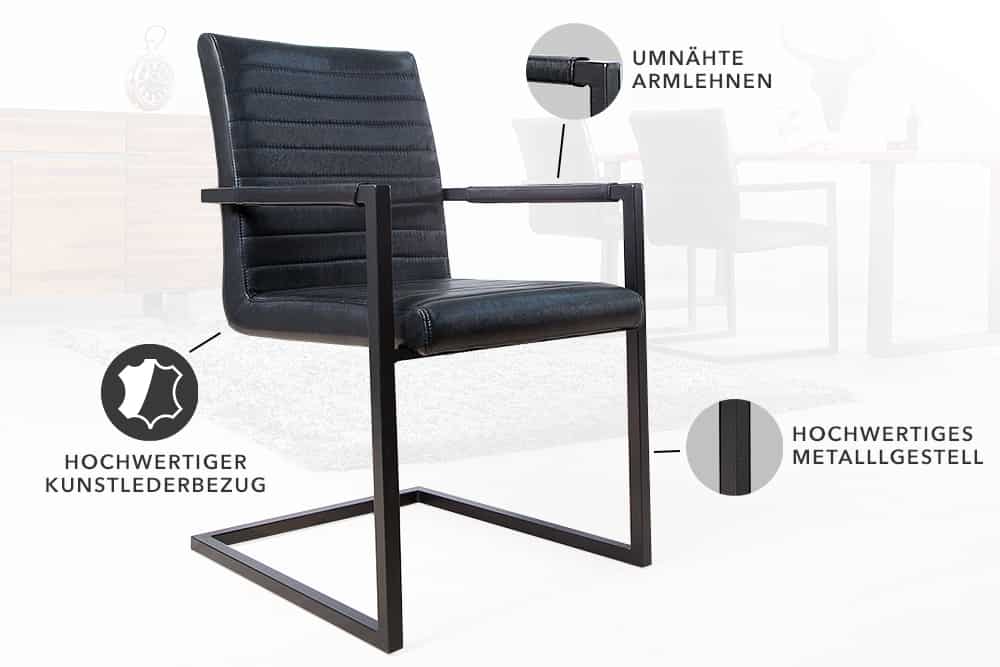 Industrial Freischwinger Stuhl LOFT antik schwarz Kunstleder mit Armlehne Eisengestell