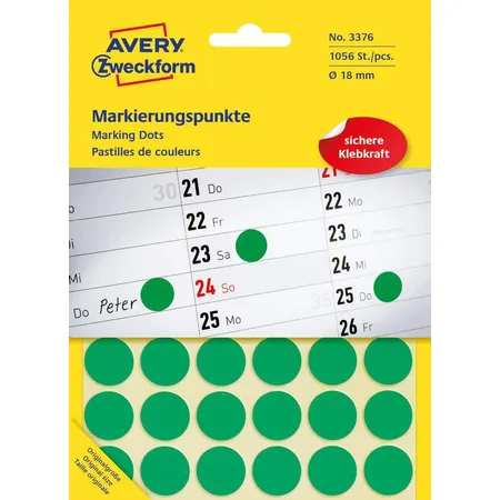 Avery Zweckform 3376 Markierungspunkte Ø 18 mm, 22 Bogen/1.056 Etiketten, grün