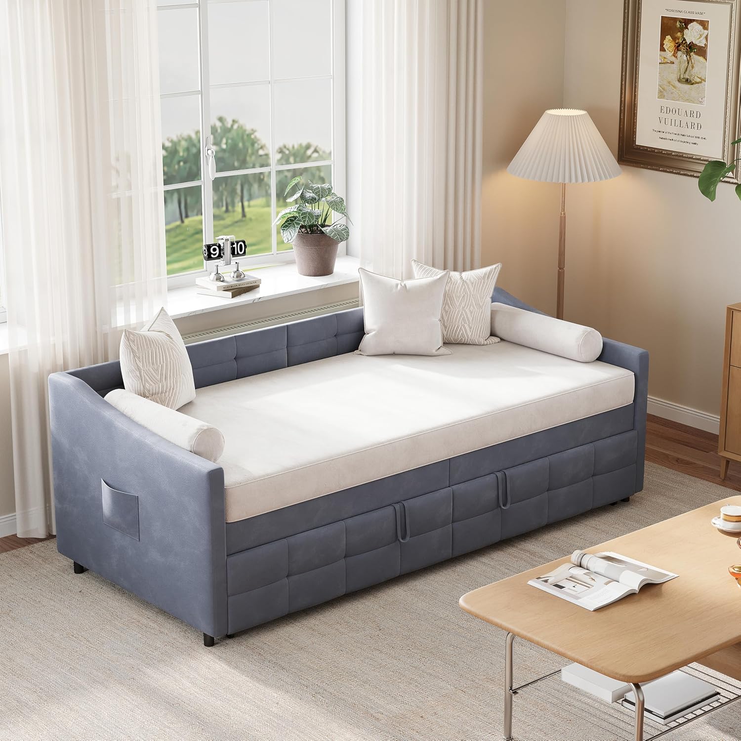 Schlafcouch Ausziehbar, Tagesbett Ausziehbar, Ausziehbett, Schlafcouch 180x200, Flanell, 90/180 x 200 cm, ohne Matratze (Grau)