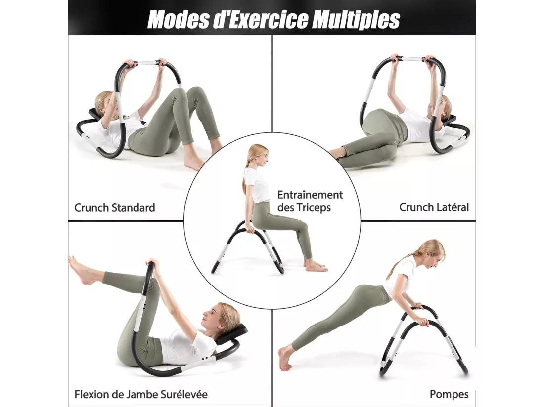AB Trainer Portable avec Appuie-tête Rembourré Ergonomique Charge 100KG, Appareil Abdominaux à Bascule pour Entraînement de Musculation à Domicile, Noir+Blanc