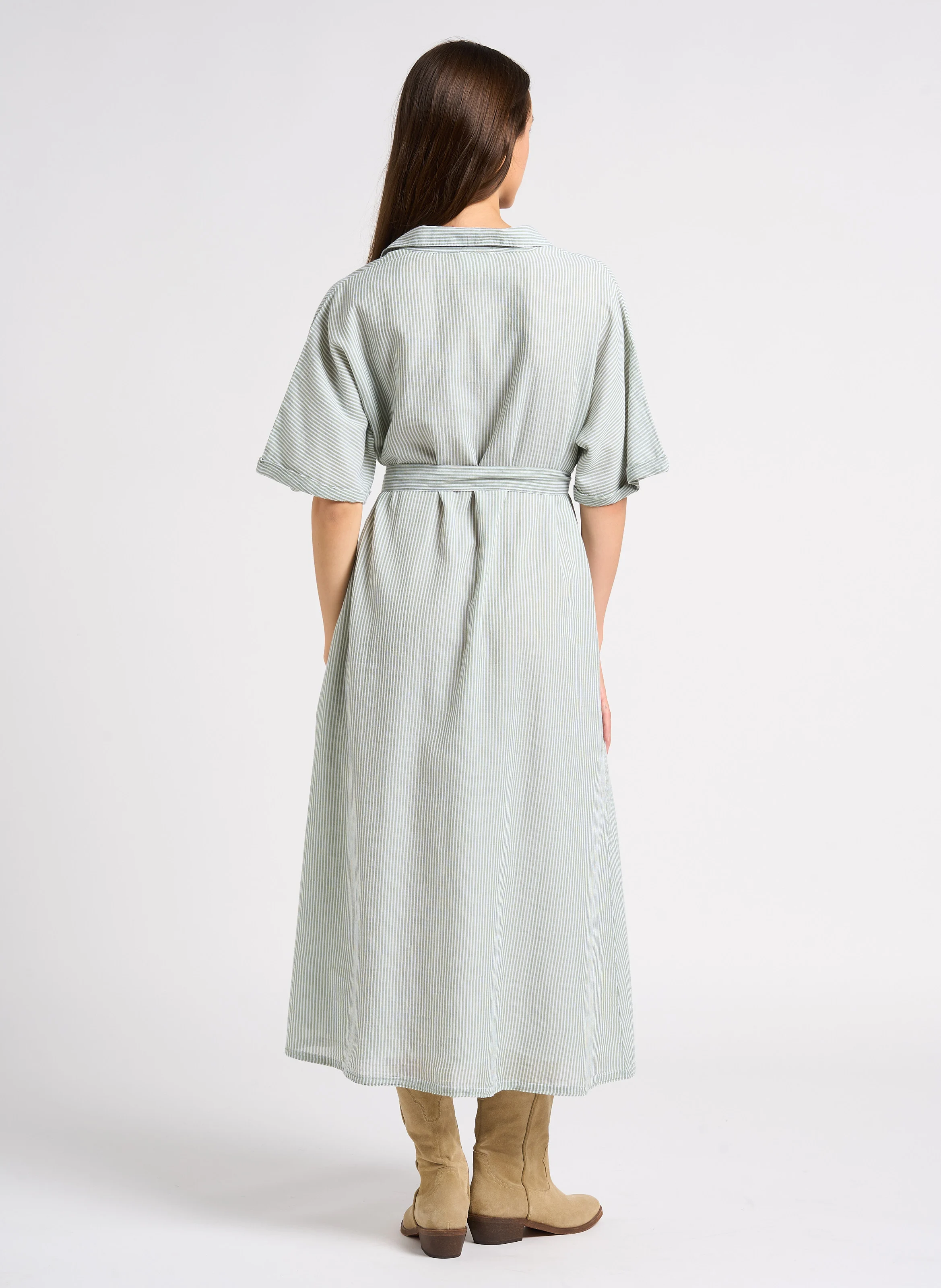 MANDIE - Robe chemise col classique rayée en coton | Vert