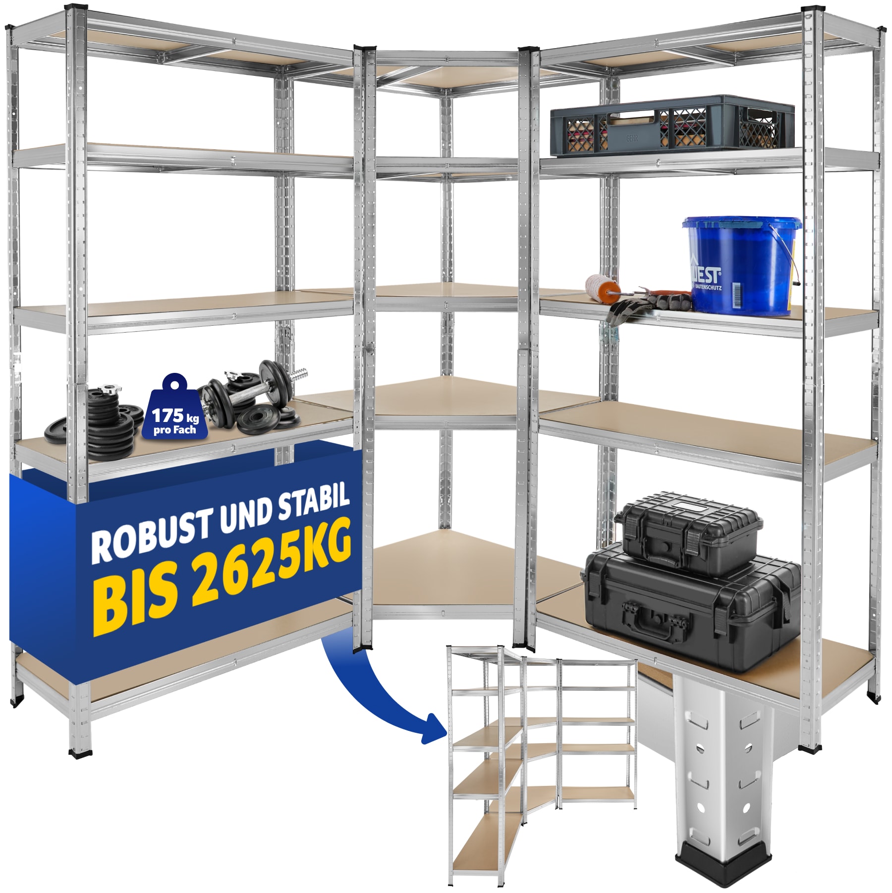 tectake® Schwerlastregalsystem, 3-teilig, 2 in 1 Verwendung als Werkbänke, 15 belastbare, höhenverstellbare MDF-Böden, Gesamtbelastbarkeit 2625 kg, variable Montage im Stecksystem