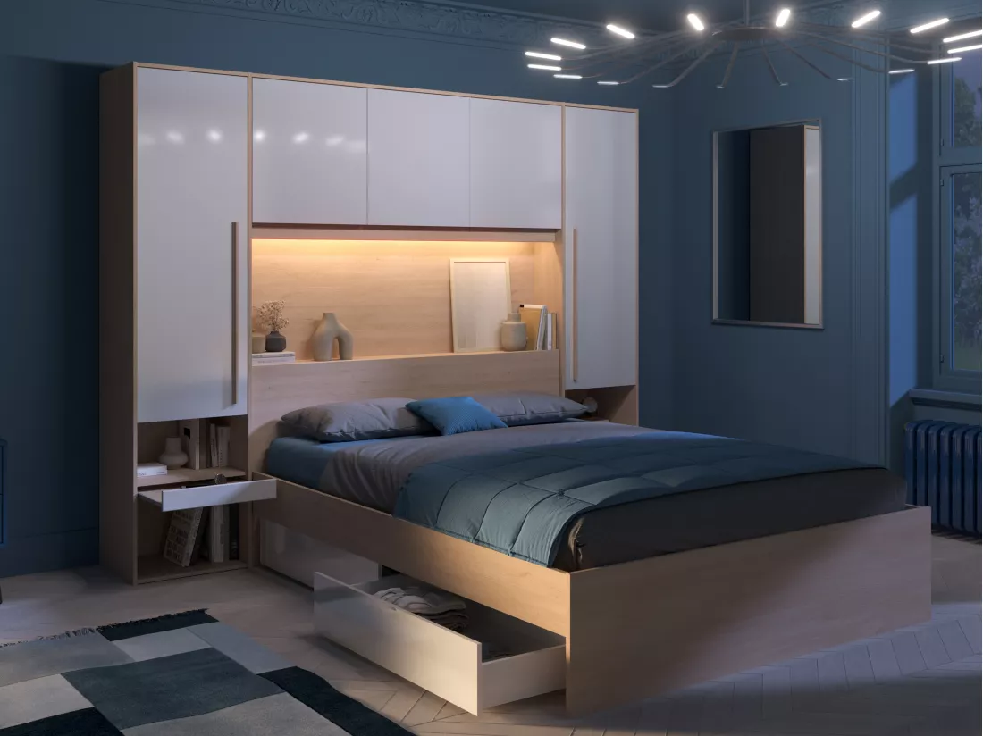 Lit pont 160 x 200 cm avec rangements - avec LEDs - Coloris : Naturel et blanc brillant + Sommier - VELONA