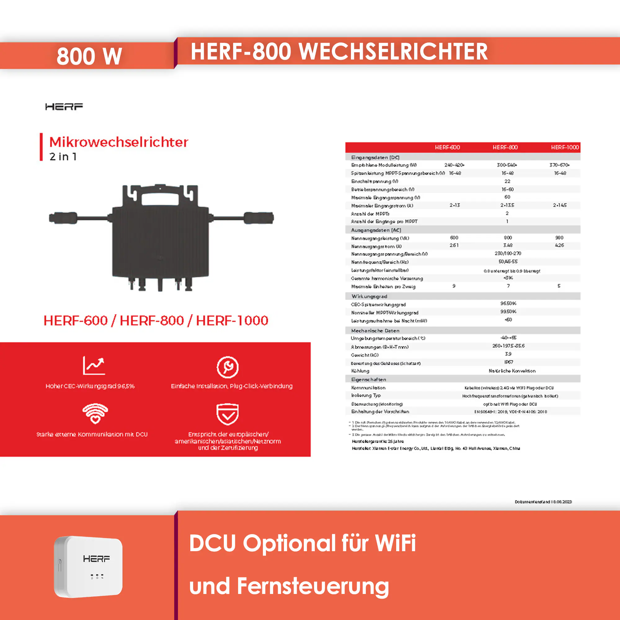 E-star HERF-800, 800W Mikro-Wechselrichter,inkl. Anschlusskabel