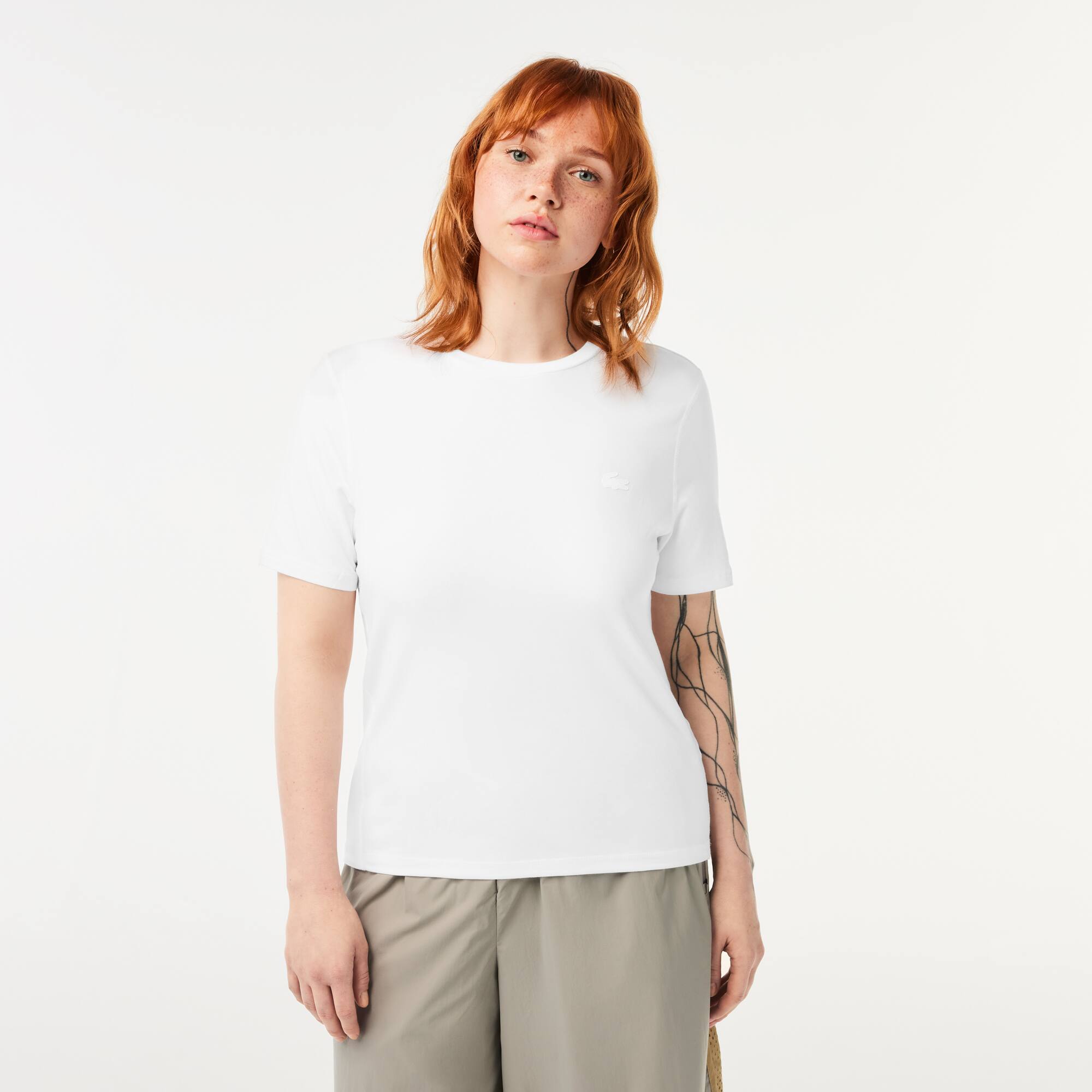 Damen Slim Fit T-Shirt mit Rundhals aus Baumwollmischung T-Shirts - Weiss - Lacoste - Damen