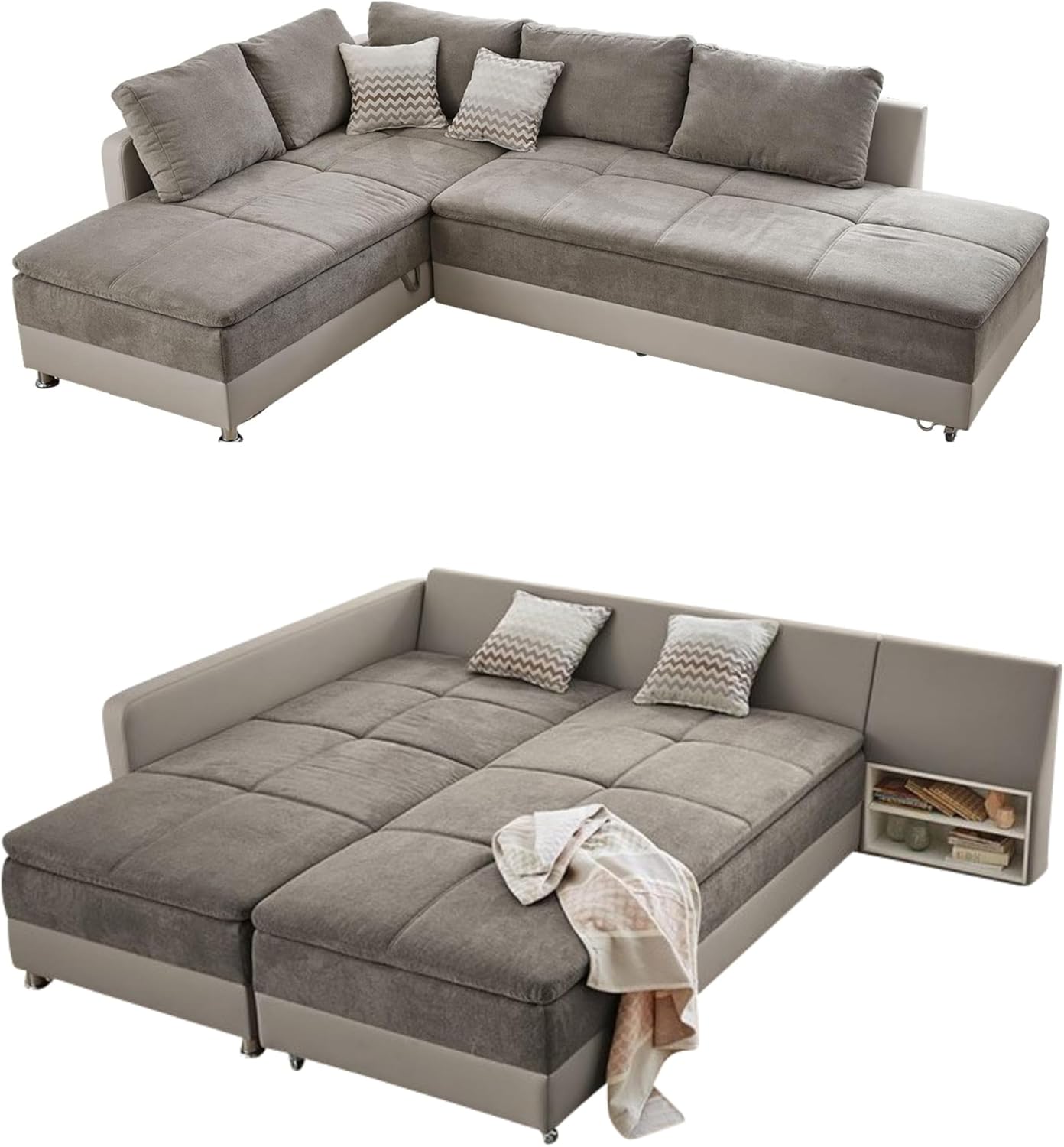 Federkern Ecksofa B306/T223/H95 cm Dauerschläfer, Doppelbett Schlaffunktion, Kaltschaum-Topper, Bettkasten, Regal, Schwenkteil RECHTS, Mikrofaser-Bezug Grau Braun, Korpus Kunstleder Beige / 15102