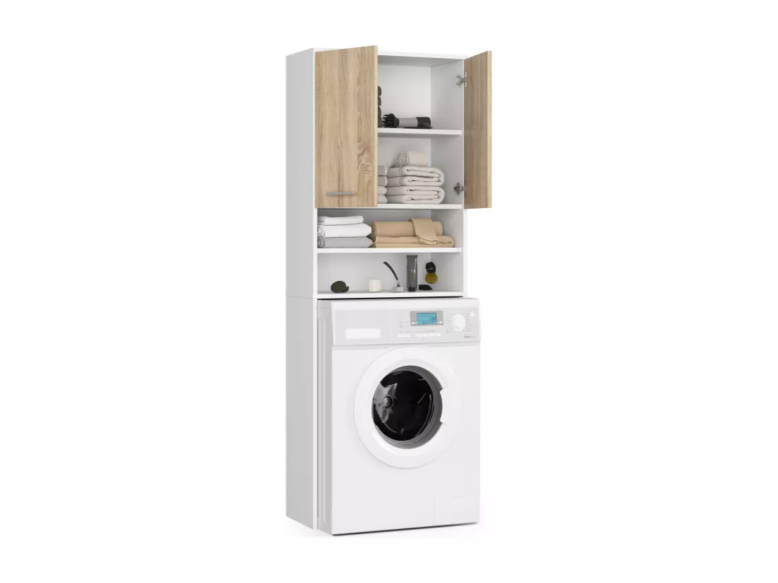 Meuble pour machine à laver FIN Blanche 64 cm 2 portes façade Chêne Sonoma niche 4 étagères 64x30x180 cm