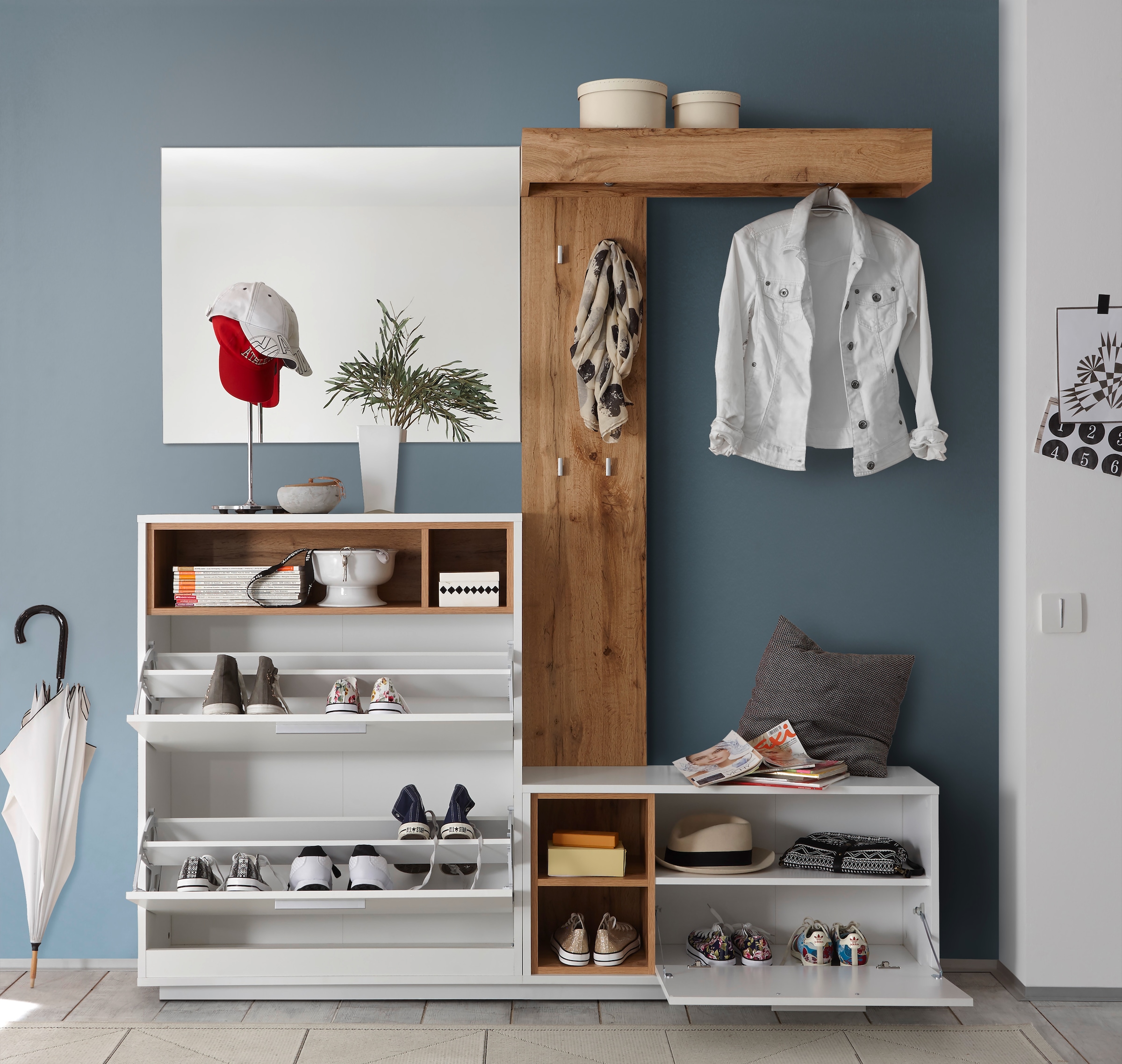 HBZ Kompaktgarderobe »Milano mit Spiegel, BxHxT 177x195x32 cm« 1 Stk. tlg. Mit Schuhkommode, Paneel, Bank und Spiegel