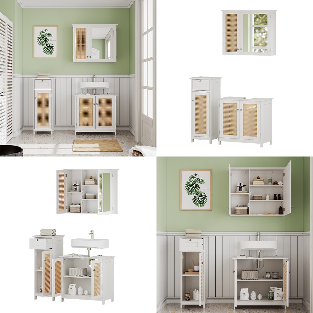 Vicco Badmöbel-Set Rosario, Weiß, moderne Serie, Badezimmer, dekorative Front, Spiegelschrank, Waschtischunterschrank, Midischrank