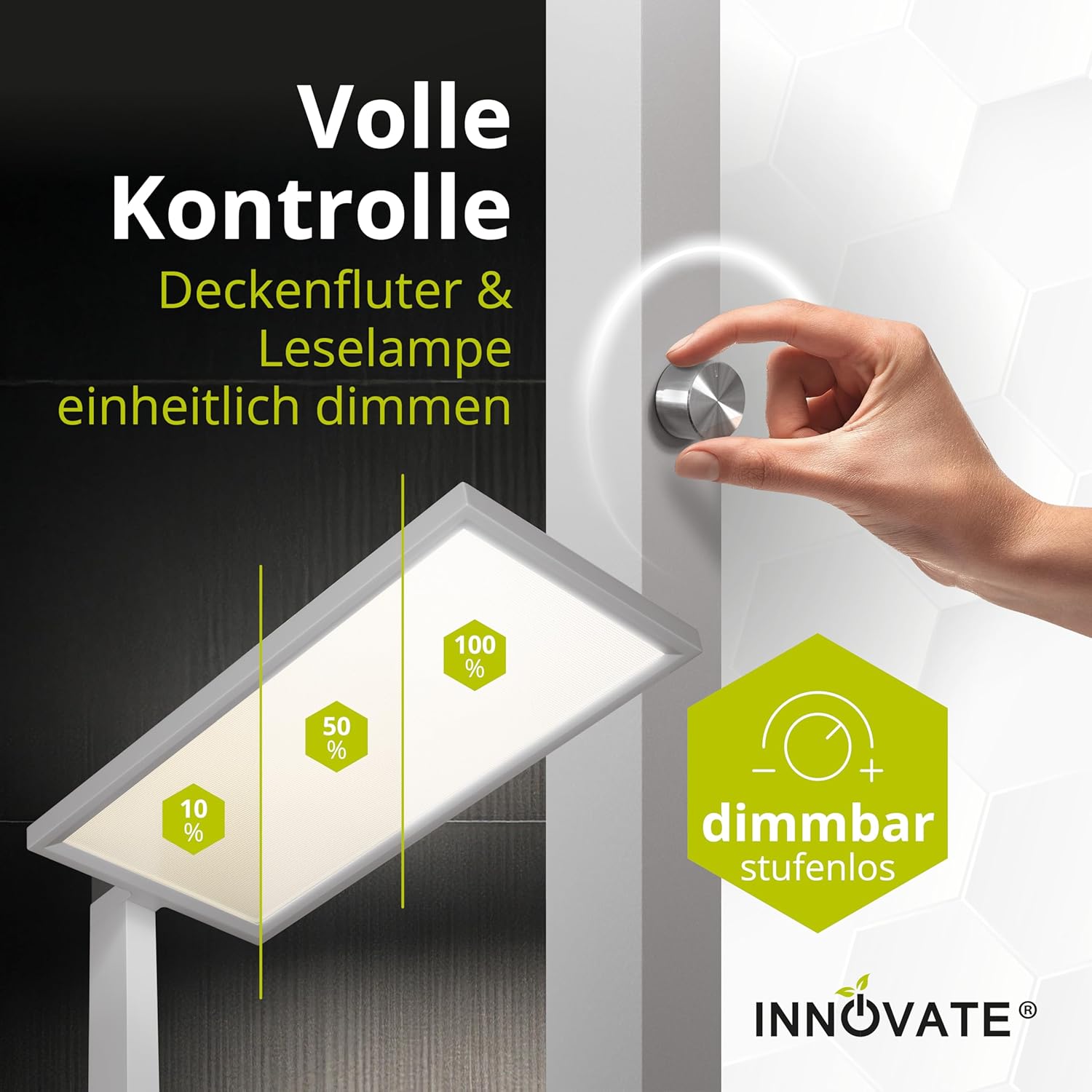 INNOVATE LED Stehlampe dimmbar Silber/Grau Deckenfluter & Leselampe [7500 Lm UGR < 19 80W] Stehlampe Wohnzimmer Lampe Büro I Wohnzimmerlampe Deckenfluter LED Dimmbar Bürolampe I Lampe Wohnzimmer