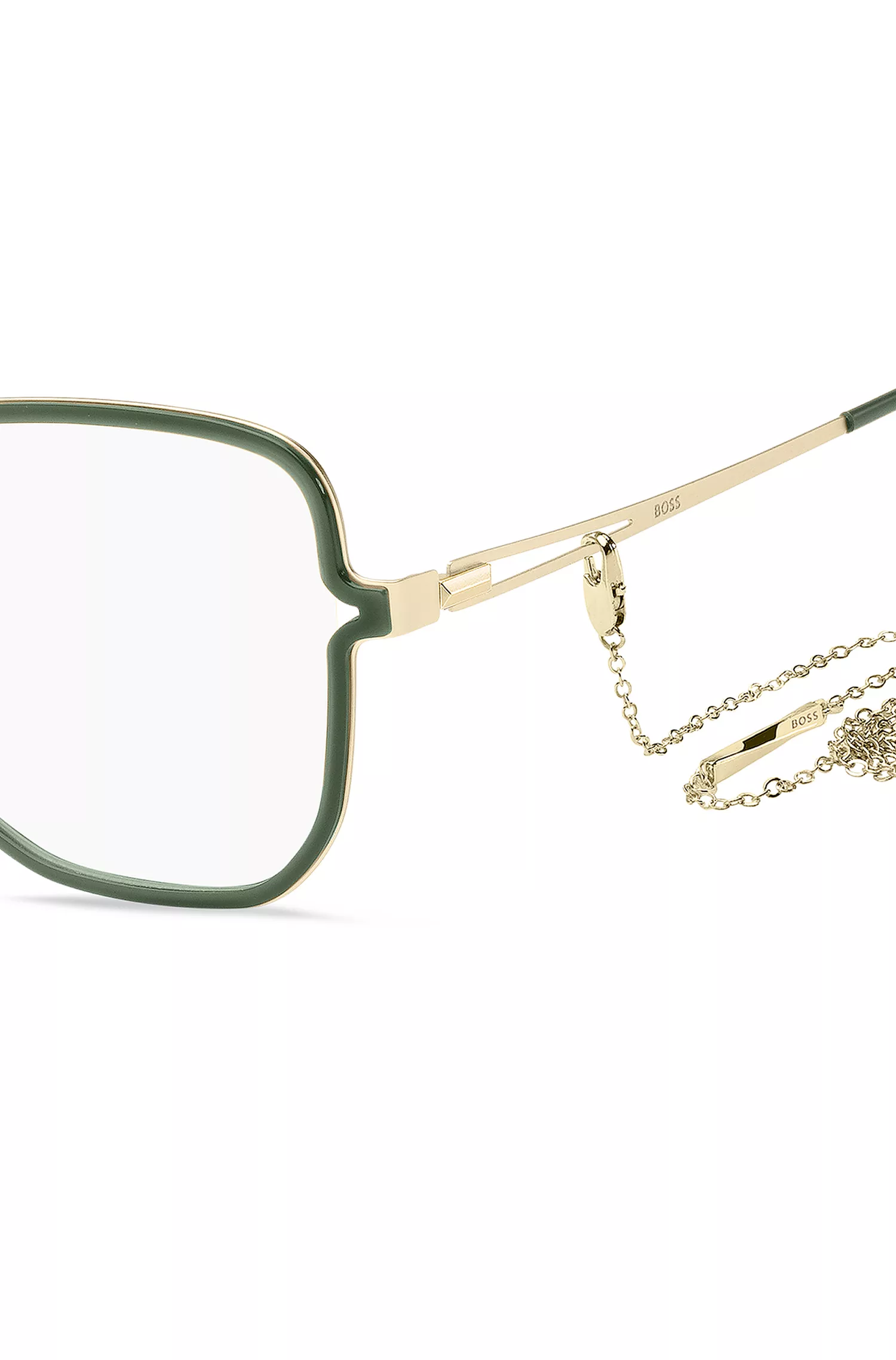 Óculos de grau BOSS preto e verde com hastes bifurcadas e corrente com a marca.