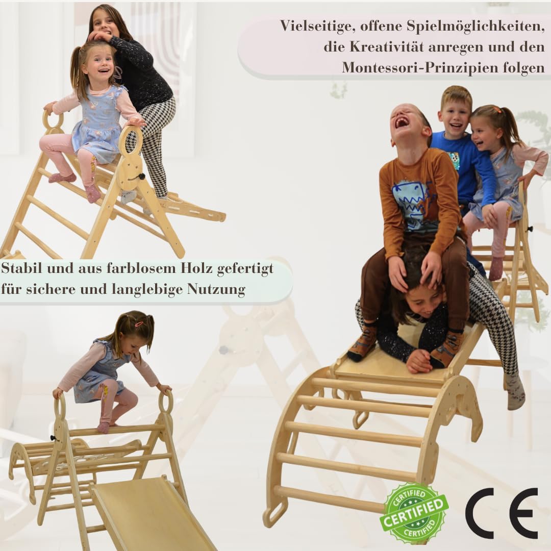 5-in-1 Montessori Klettergerüst Indoor Set – Pikler Dreieck, Kletterbogen, Kletternetz und Indoor Rutsche mit doppelseitiger Rampe – Indoor Spielplatz ab 1 Jahr, naturbelassenes Holz