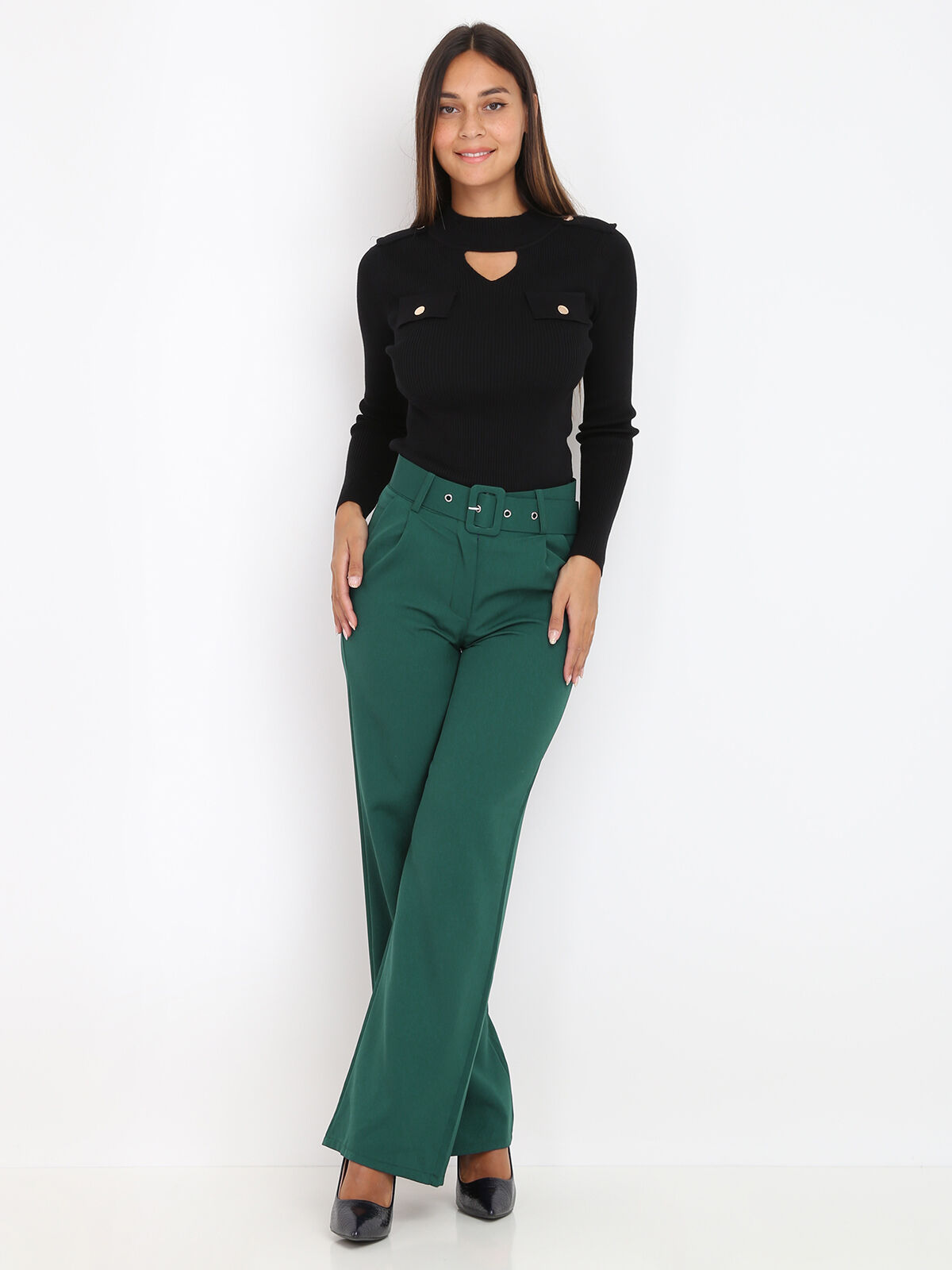 Pantalon large ceinturé- Vert foncé