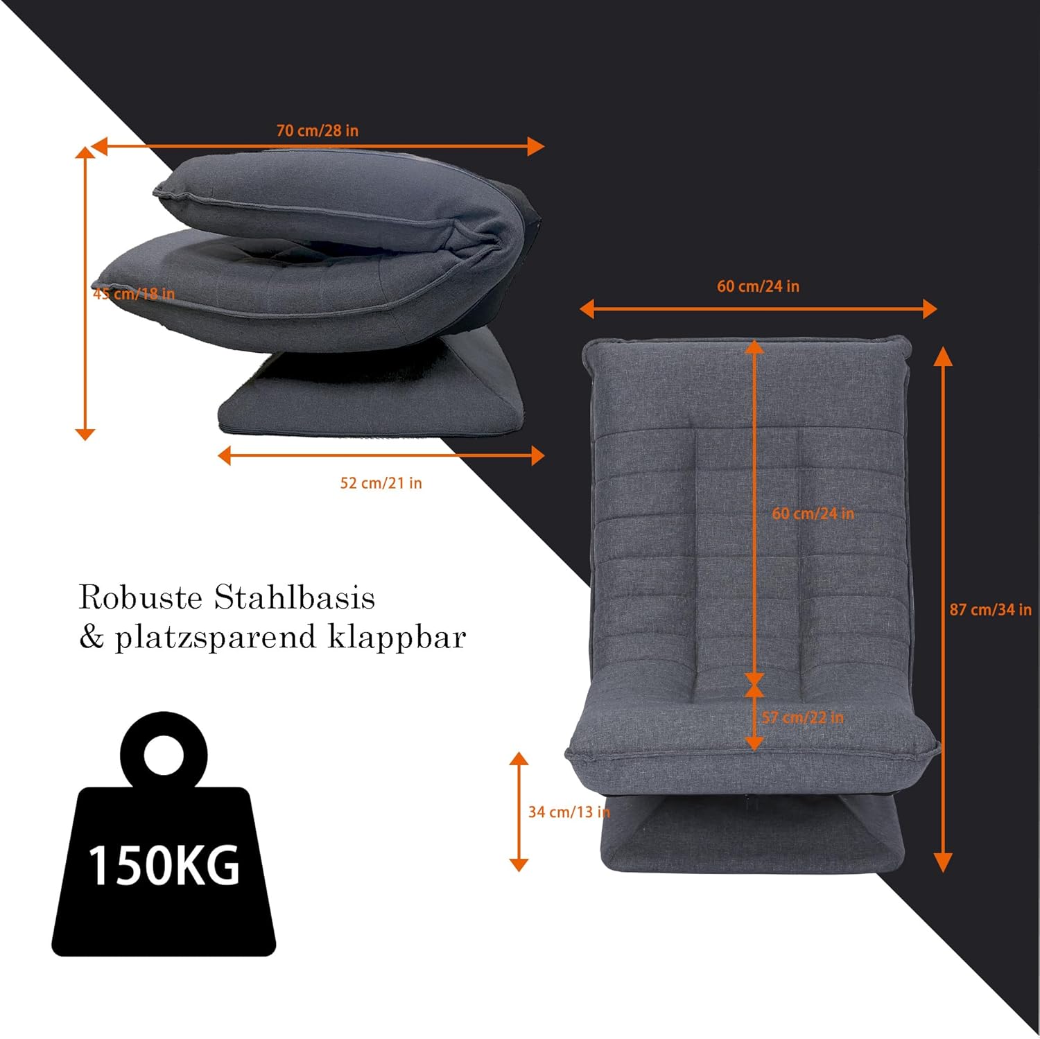 Relaxsessel Bequemer Bodensessel mit 4 Fach Verstellbarer Rückenlehne, 360° Drehfunktion Klappmechanismus, 13cm Polster, 150kg belastbar fürs Wohnzimmer Schlafzimmer (Grau)