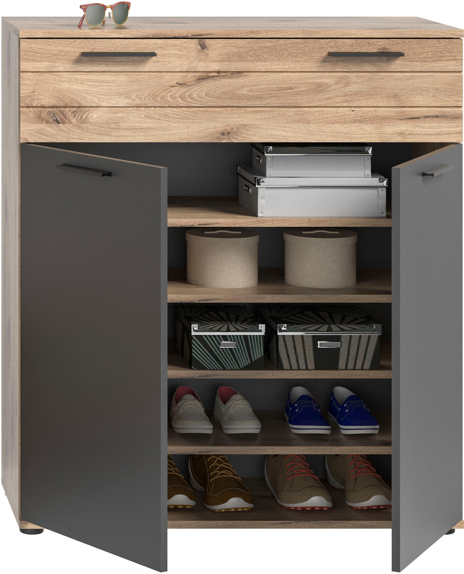 INOSIGN Schuhkommode »Riga, Breite 90 cm, 2 Türen, 1 Schubkasten, 4 Einlegeböden, 5 Fächer« hochwertige Rillenfräsung, mit Softclose, Kommode, Anrichte, Schrank