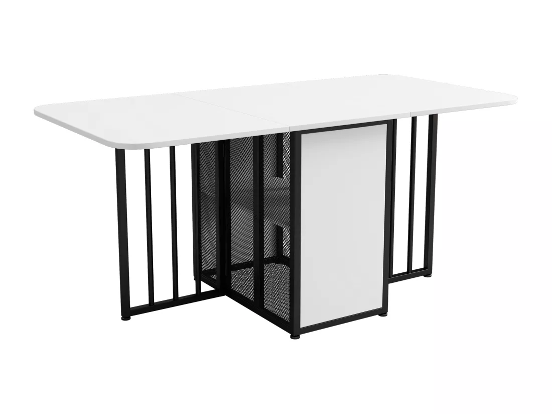 Table à manger extensible 2 à 6 couverts avec étagères de rangement - Panneau de particules et métal - blanc + noir
