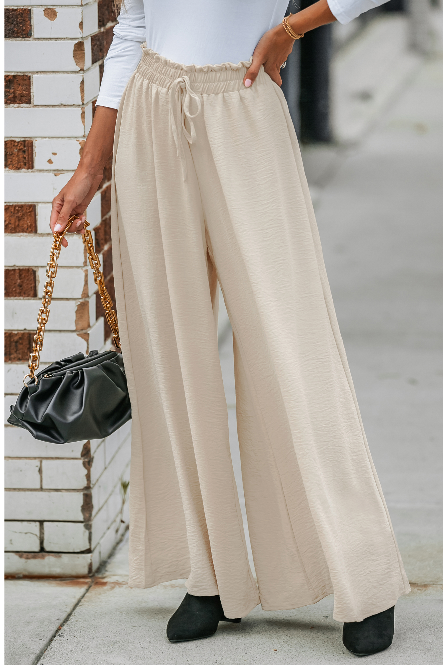 Pantalon taille froncée abricot à cordon