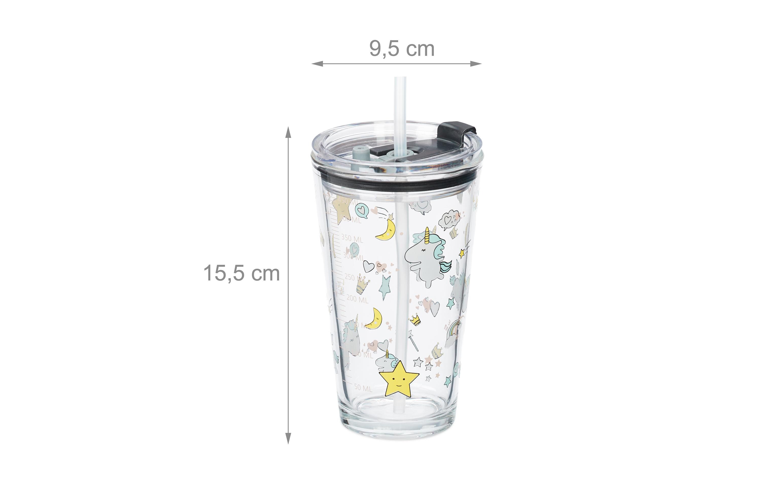 Kindertrinkglas Einhorn 4 Stück, 450 mlGlas mit Deckel und Strohhalm