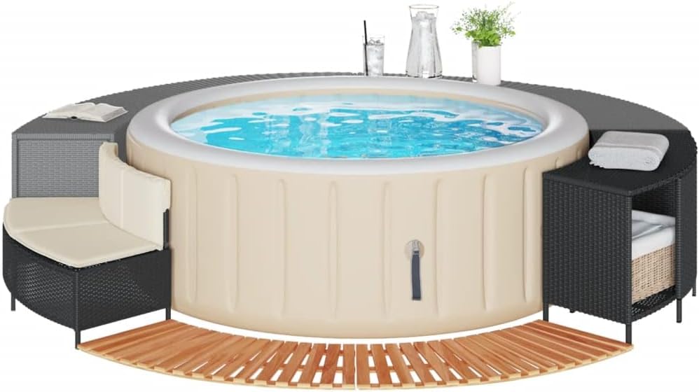 Whirlpool-Umrandung Schwarz Poly-Rattan und Massivholz Akazie Schwimmbecken Poolumrandung