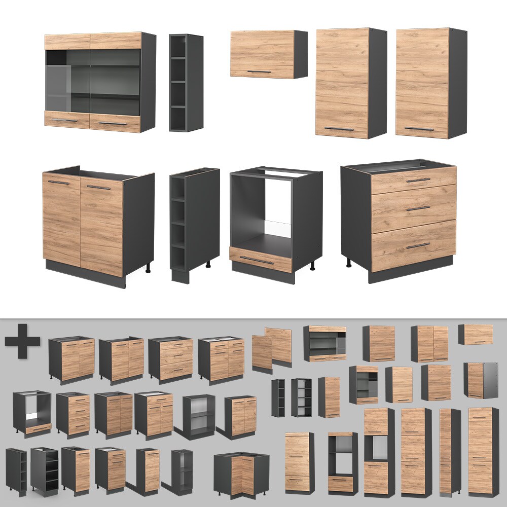 Vicco Küchenzeile Küchenblock Einbauküche Fame-Line Anthrazit Eiche Goldkraft 235 cm modern Küchen Schränke Hängeglasschrank Hängeschrank Schubladenunterschrank Spülenunterschrank Herdumbauschrank
