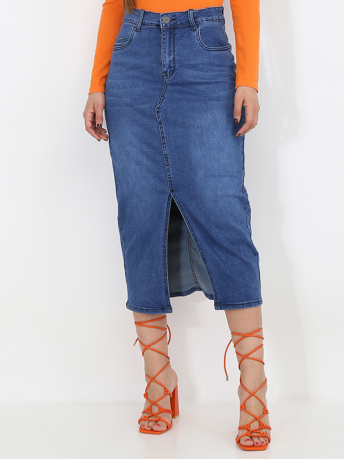 Jupe en jeans mi-longue à fente- Bleu