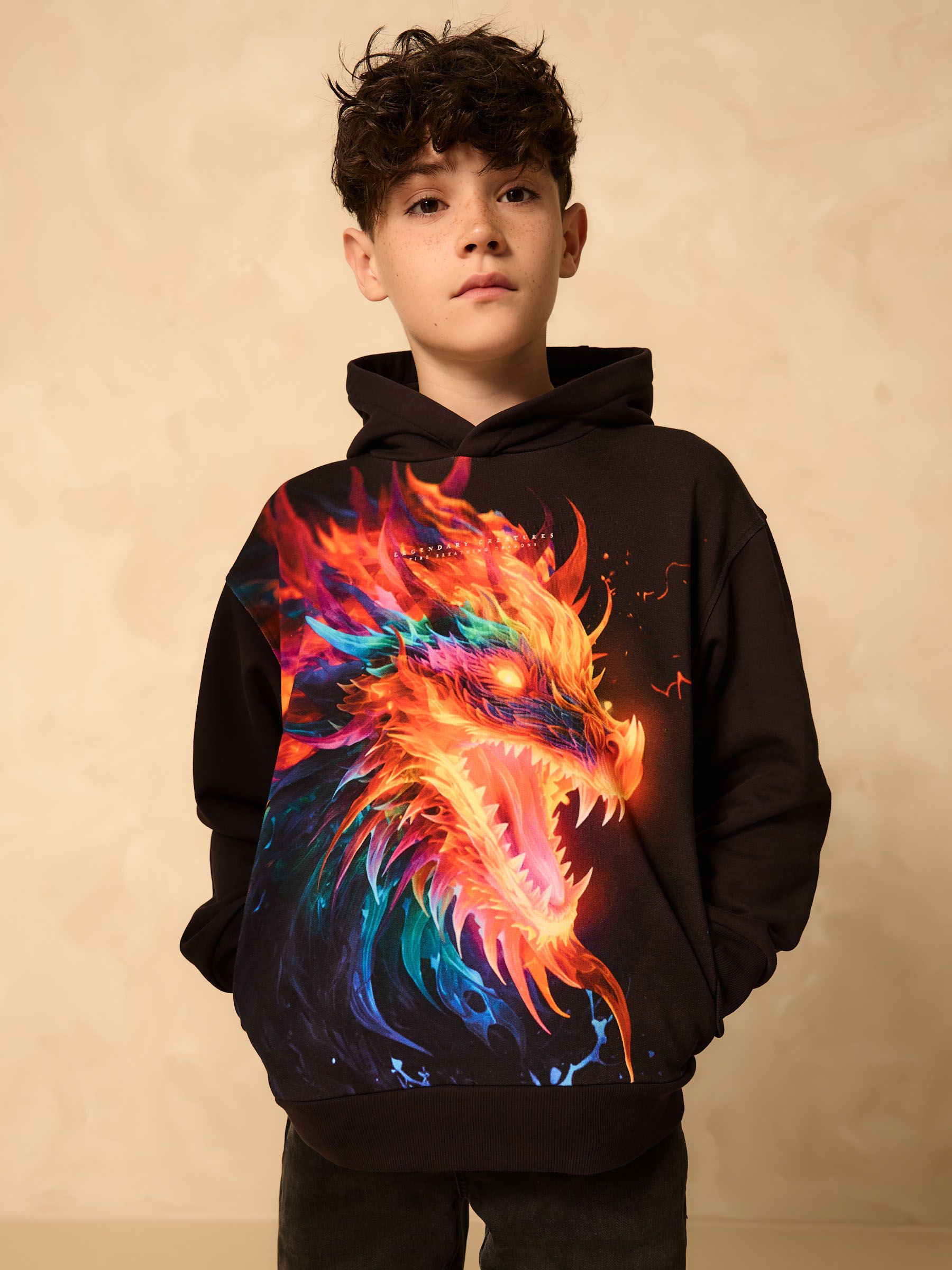 Zwart met draak - Grafische print hoodie voor oudere jongens (3-16jaar)
