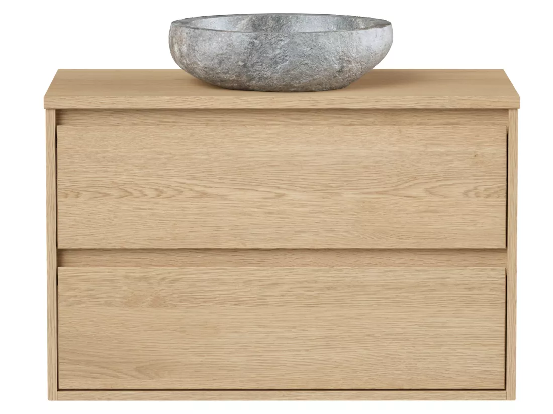 Meuble de salle de bain avec vasque à poser en pierre - Placage chêne - 80 cm - MILIPAM
