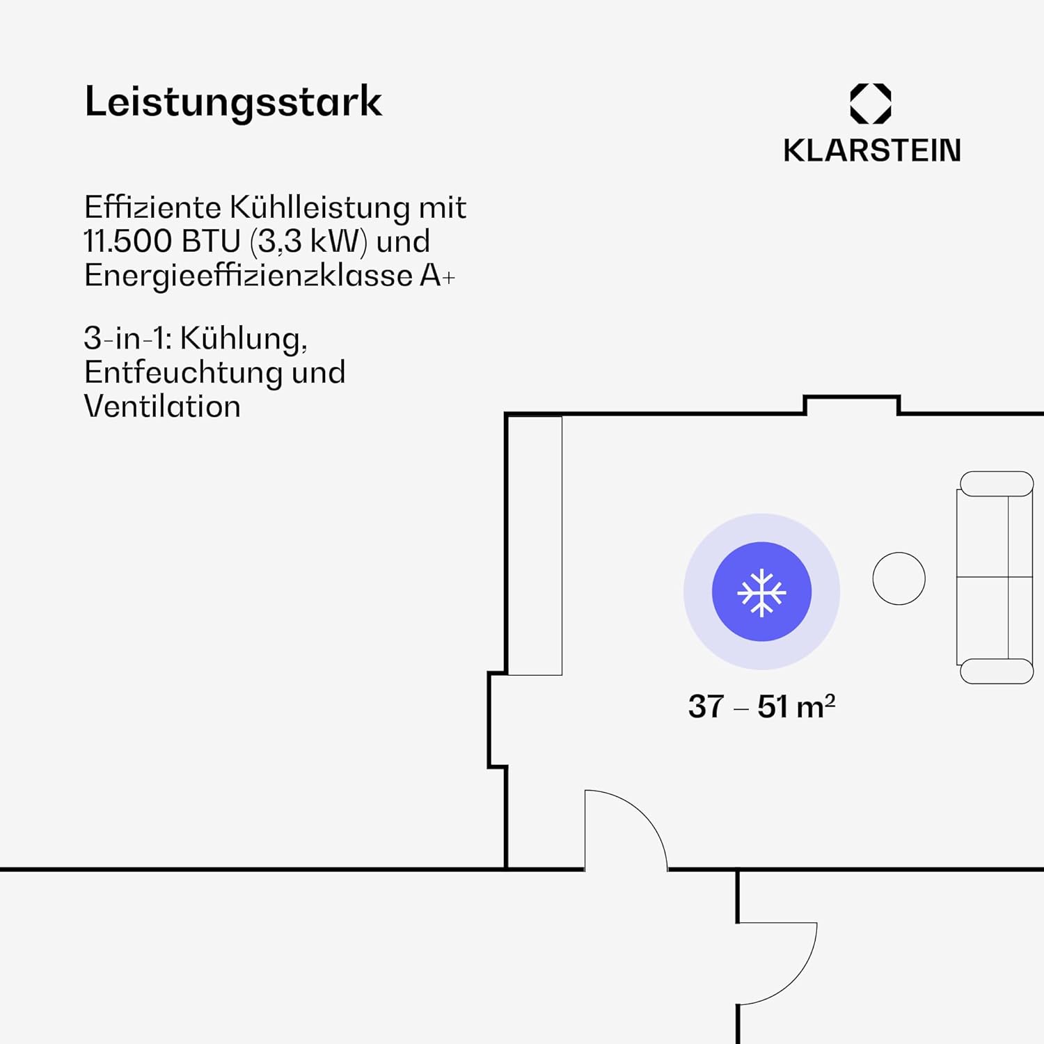 Klarstein Kraftwerk Eco Smart 11 Mobiles Klimagerät – 11,500 BTU, 35-59 m², WiFi & App-Steuerung, 3-in-1 Klimaanlage, Ventilator & Entfeuchter, Leise 50 dB, A+ Effizienz, Fensterkit Inkl., Weiß