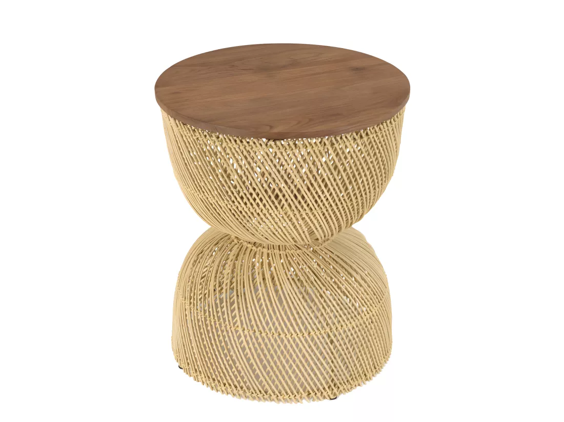 ALIDA - Table d'appoint en rotin beige plateau en bois teck recyclé